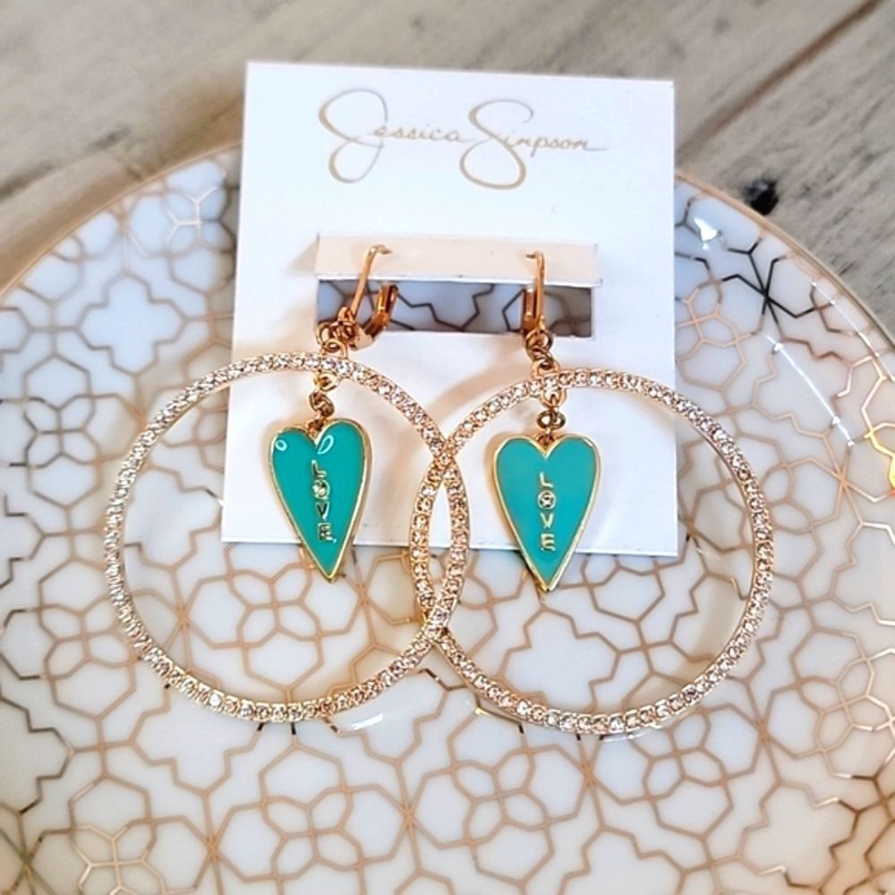 NWT JESSICA SIMPSON TIFFANY BLUE HEART HOOP LOVE EARRINGS
